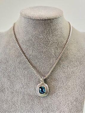 David Yurman 925 & 14k Gold Albion Pendant Necklace with Blue Topaz 16"